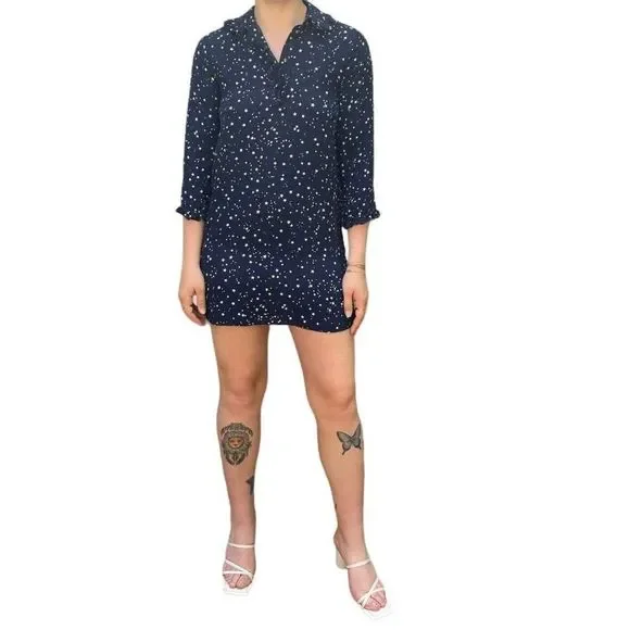 Kate Spade Womens Silk Navy Blue Star 3/4 Sleeve Ruffle Mini Dress Sz XS - Picture 5 of 11